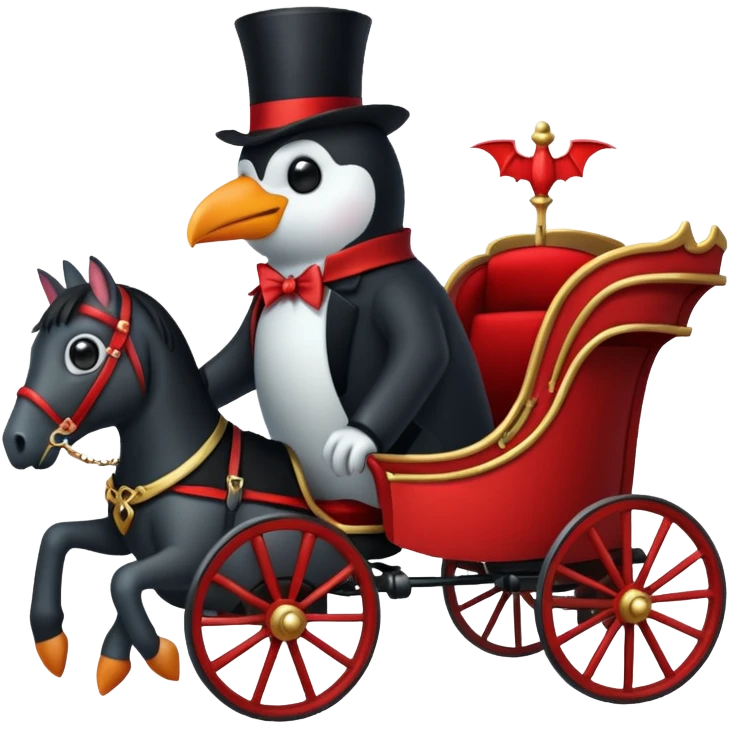 A penguin dressed as dracula riding a 3 horse carriage emoji
