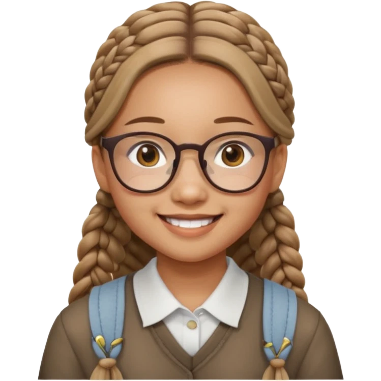 Asian girl, 14, long light brown braids, square glasses, smiling widely emoji