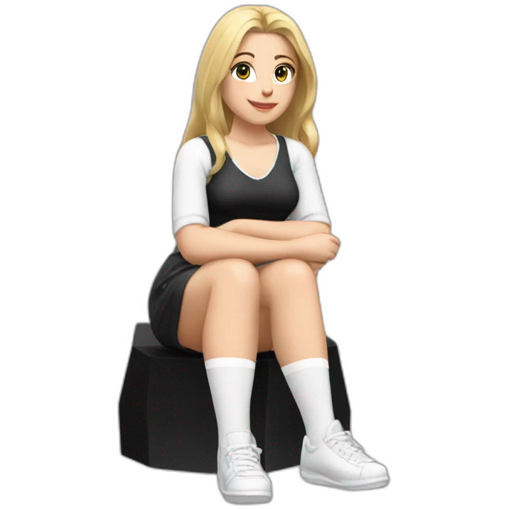 Front view full body curvy caucasian beauty sitting straight hands up black skirt white knickers white socks emoji