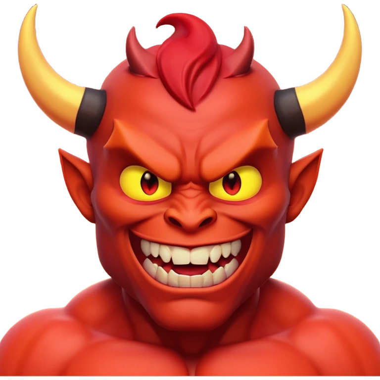 Muscular red devil emoji, black horns, glowing yellow eyes, sharp teeth, evil smile, defined abs, glossy red skin, dramatic lighting, 3D Pixar style, high detail emoji