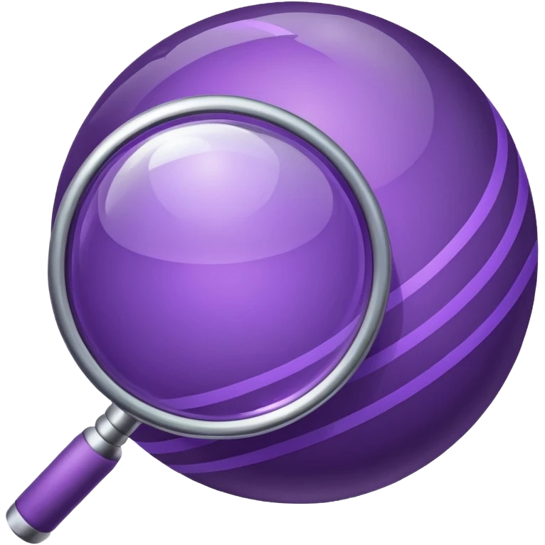 Minimal purple icon: a planet with connecting lines and a magnifying glass. Glossy, transparent background. emoji