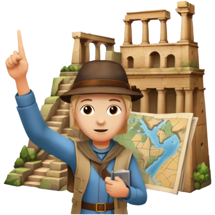 Icon for Documentary Film (TV style): A traveler pointing backward and narrating in front of ancient ruins. Include elements like historical landmarks, maps, and exploration tools to evoke a sense of adventure. Transparent background. emoji