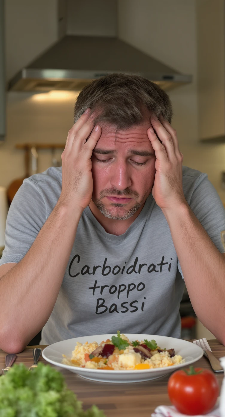 Uomo sui 35 anni in cucina, con espressione affaticata e spenta, guarda un piatto con pochissimi carboidrati (solo qualche verdura e proteine). Accanto a lui, fogli con una dieta rigida e una scritta visibile: 'Carboidrati troppo bassi'. emoji