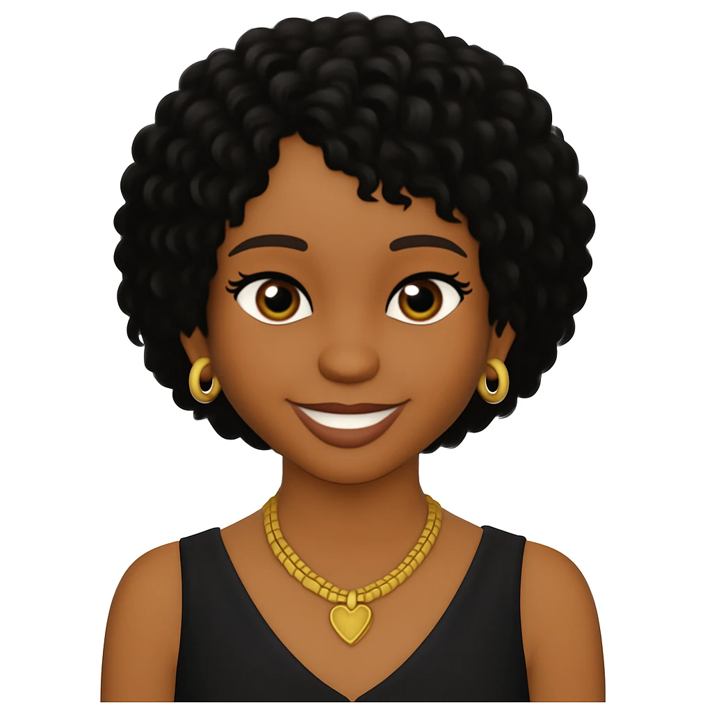 Edit the image to change the hair to black and make it slightly loose. Keep the big smile, gold jewelry, and outfit as they are. Maintain a transparent background. The original style is preserved, so keep the look consistent with the original image. emoji