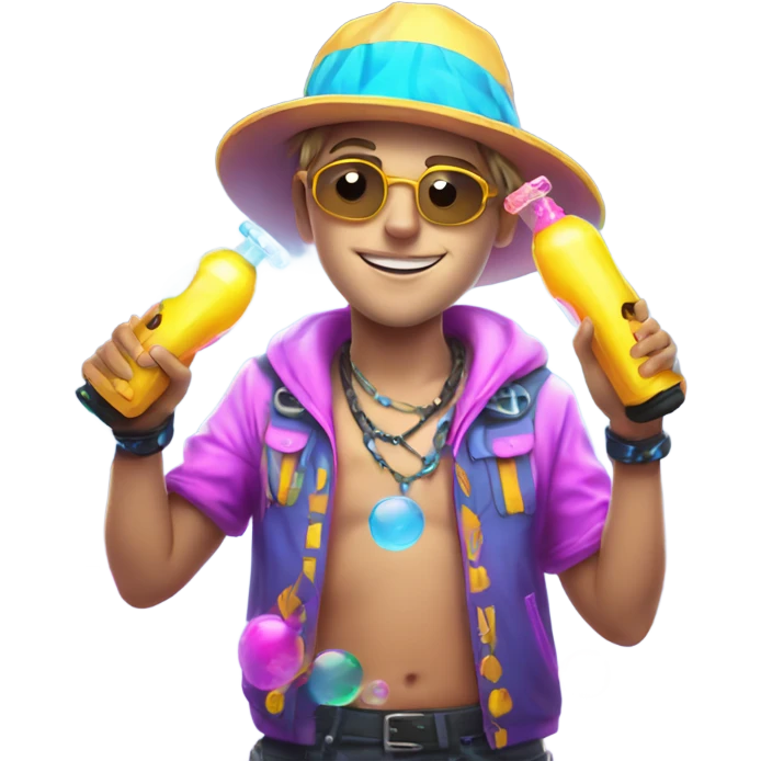 Caucasian boy at rave wearing a glowing outfit and hat with bubble guns in each hand with bubbles all around emoji