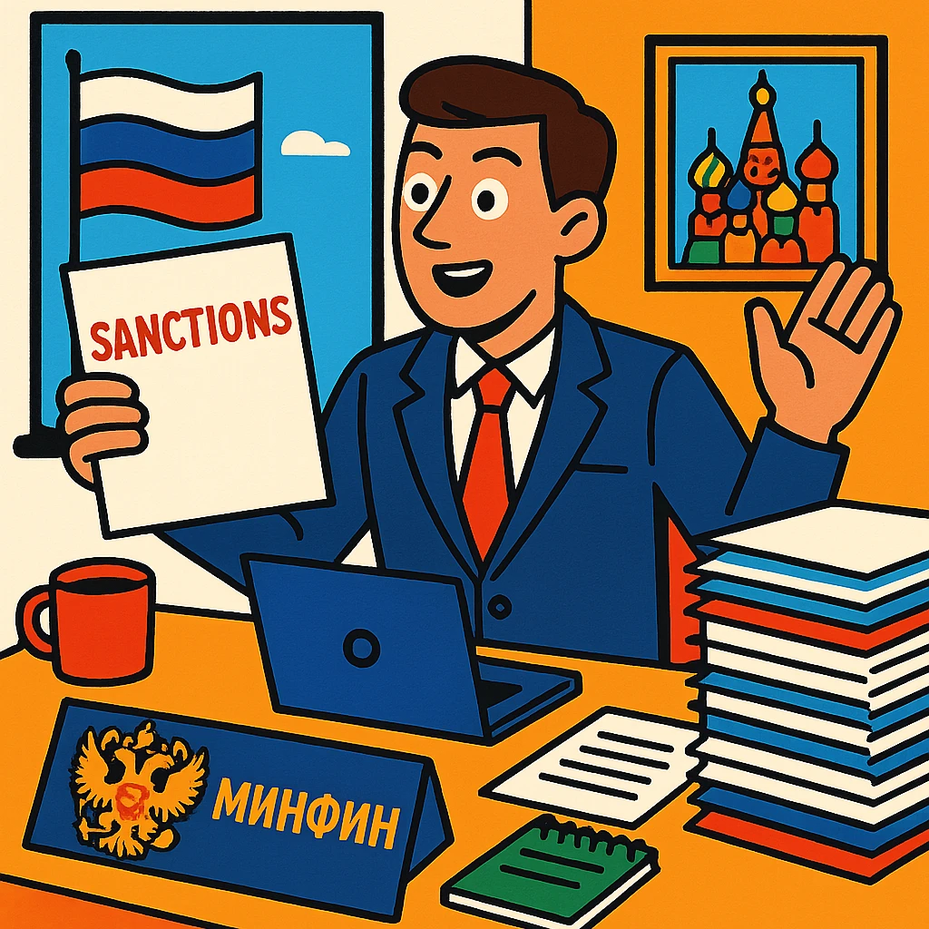 Russian Ministry of Finance employee dealing with sanctions, bright colors, professional attire, animated expression, dynamic office setting, Russian cultural elements emoji