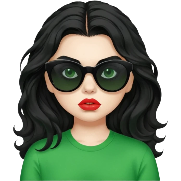 current charli xcx with her long black wavy hair, thick black out sunglasses, pale skin, closed pouting lips, and a bright green top that said brat in the brat font. emoji