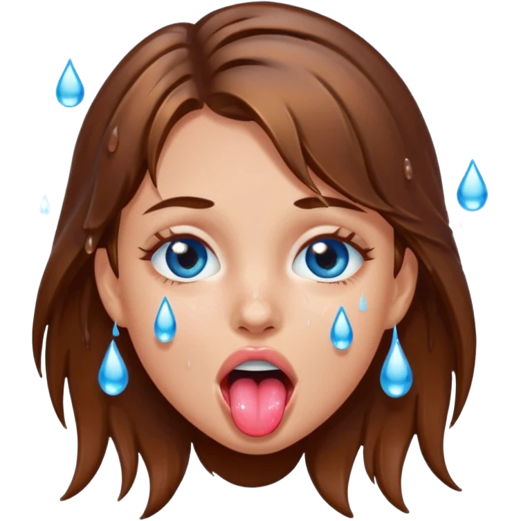 Girl with brown hair, blue eyes, a wet face and her tongue out. Can you make her face more wet? Can you add clear water droplets on her face and tongue? No water below her. Just on her face, hair and tongue. Can you make the water more slimy  emoji