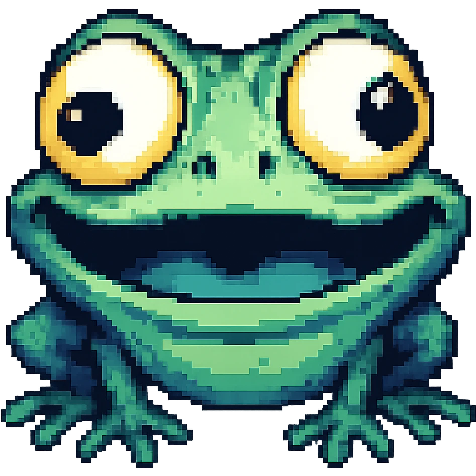 Make the derpy frog with big cute eyes even derpier, exaggerate the silly expression, in pixel art style with no background. emoji