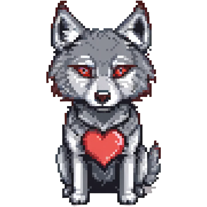 black and red wolf with heart-shaped eyes pixel art emoji