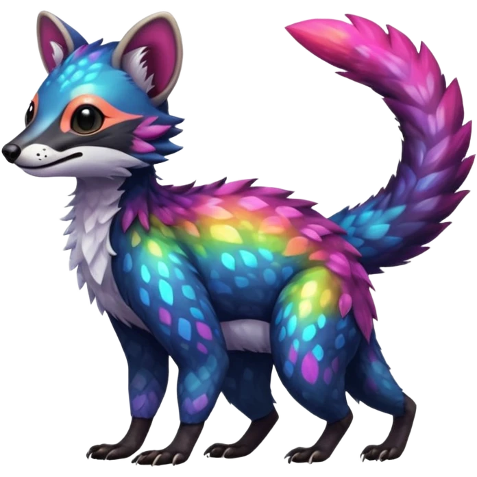 Colorful Fruity Iridescent Warm-colored Tropical Exotic Vernid-Sergal-Trico-Civet-fusion-hybrid-animal-creature, full body emoji