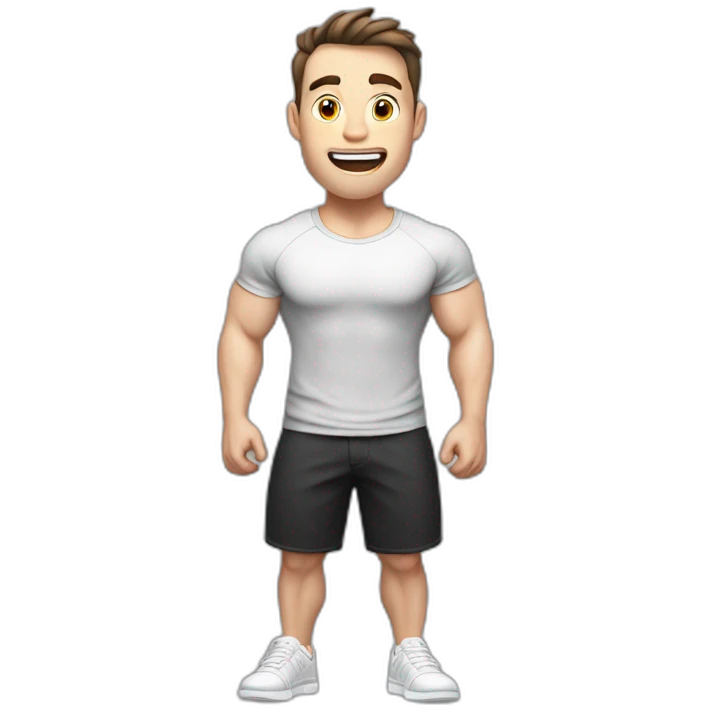 amazed Open with surprise mouth Pale skinned Fit Man With the biceps and dark brown hair in black shirt, gray sports shorts and white Sneakers emoji