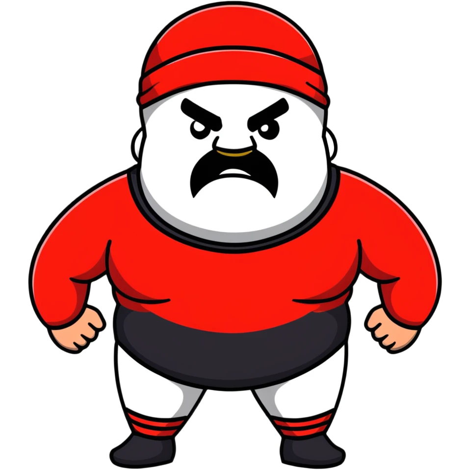 White skin fat guy with prominent black durag, short black beard, black eyes in a red and black wrestling singlet with angry face emoji