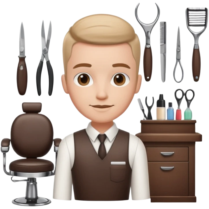 virtual assistant character in a small barber shop, friendly, digital, with barber tools emoji