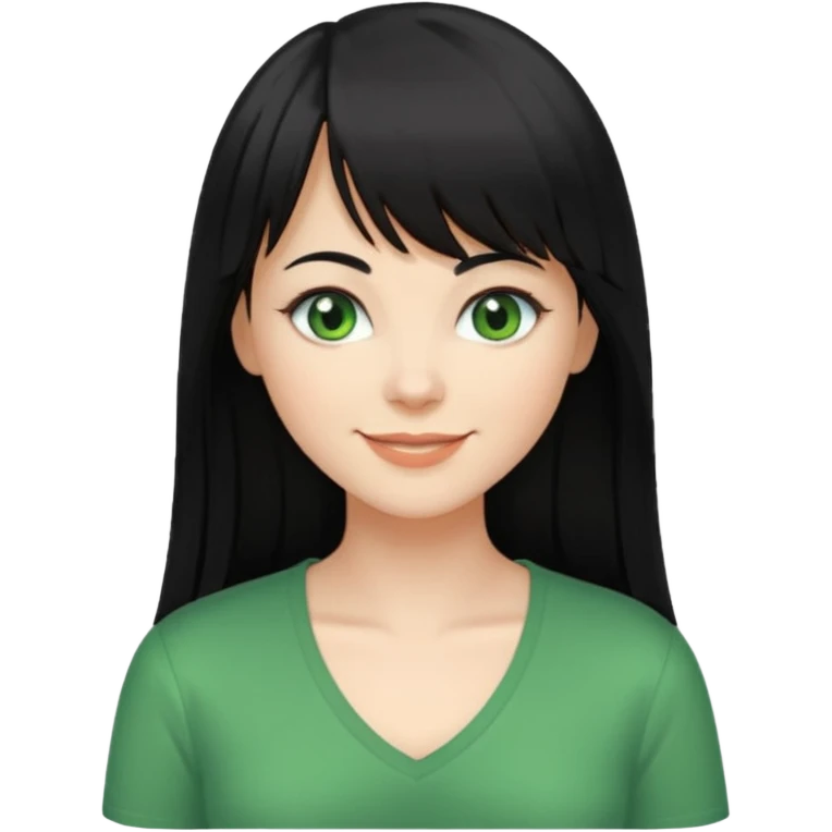 A white woman with Long straight hair with bangs, black hair, green eyes and a low-cut shirt emoji