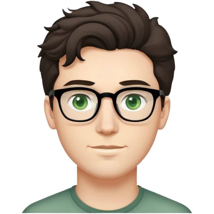young man with pale skin, dark tall voluminous slightly wavy hair styled up high on head but not curly, wearing glasses with green eyes and very light stubble, with a slight smile emoji