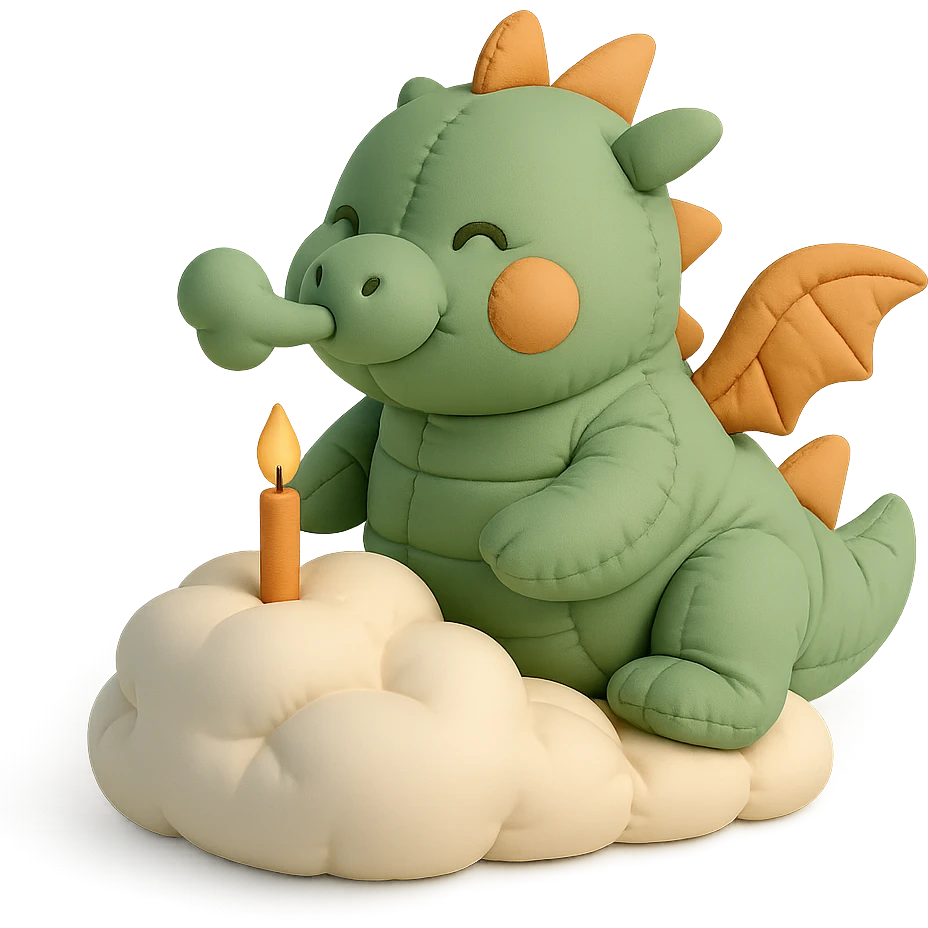 happy dragon blowing out 1 candle on cloud cake, cushion style emoji