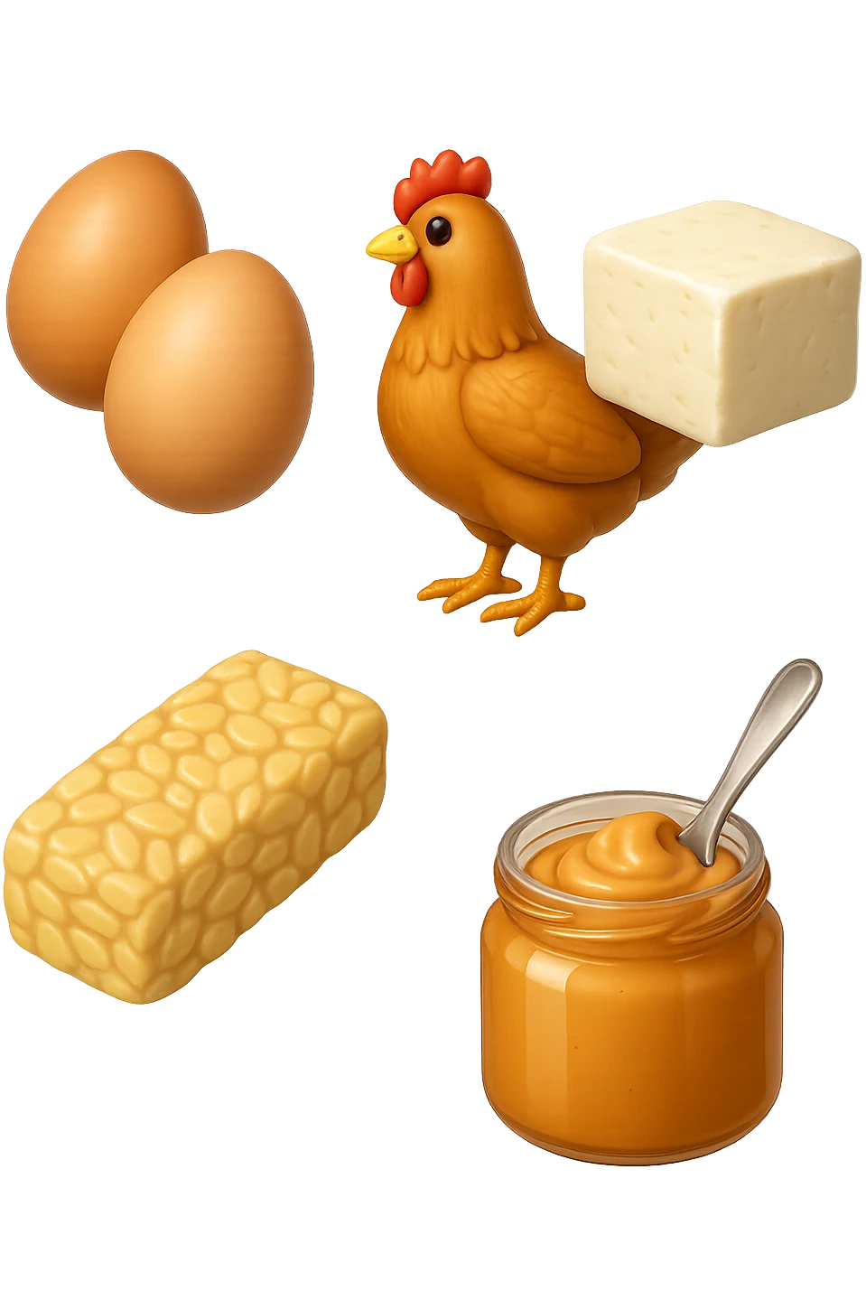 EMOJI STILE IPHONE DI
 uova, pollo, tofu, tempeh, burro di arachidi
, fluttuano in aria REALISTICA 4K emoji