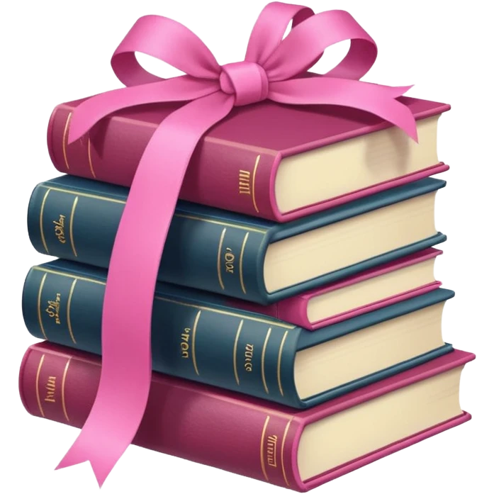 several stacked books with a pink ribbon around, Apple emoji style, pink details emoji