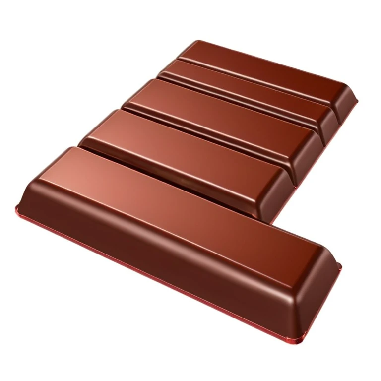 3D chocolate bar, half unwrapped in shiny red and silver foil, smooth and glossy chocolate surface with visible square segments, rich brown color, minimal and clean design, no face or branding, soft shadows, high-quality render, isolated on a white background emoji