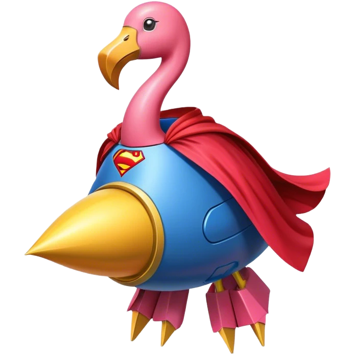 Flamingo with Supermancape sitting on a rocket emoji