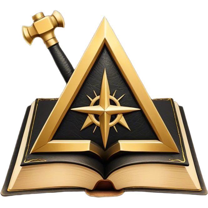 A black and gold book with an aged leather texture, embossed with an alchemical symbol, a compass, or a forging hammer, exuding wisdom, mastery, and the relentless pursuit of greatness. - book on mastery ... silhouette of a triangle  emoji