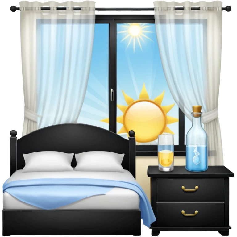 sunlight through curtains, GoCLN bottle and water glass on bedside table emoji