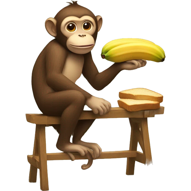Monkey with cat ears on a stool eating bread with bananas on the bread while the monkey looks like he’s hiding something emoji