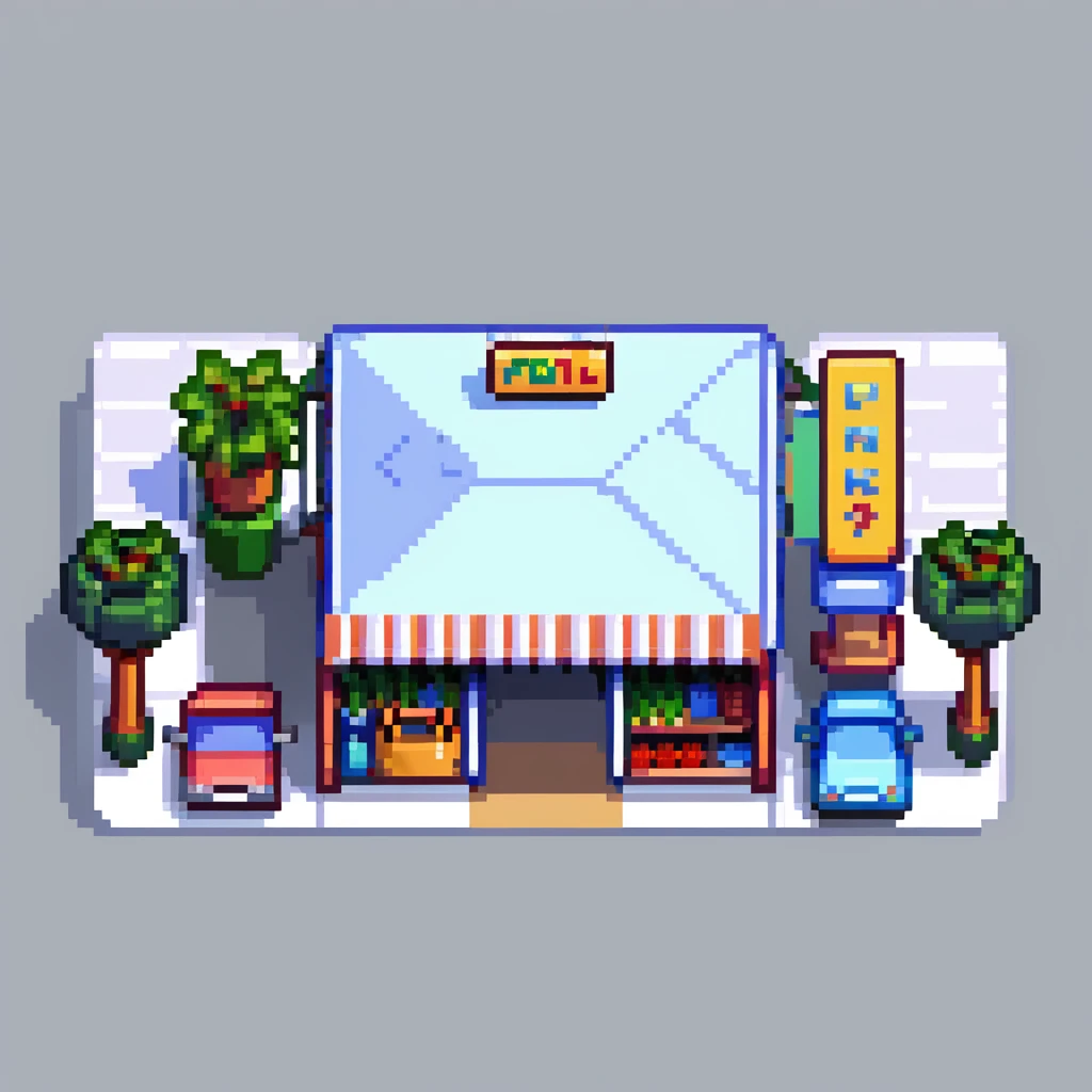 Isometric view of a supermarket building exterior with parking lot, shopping carts, and store sign emoji