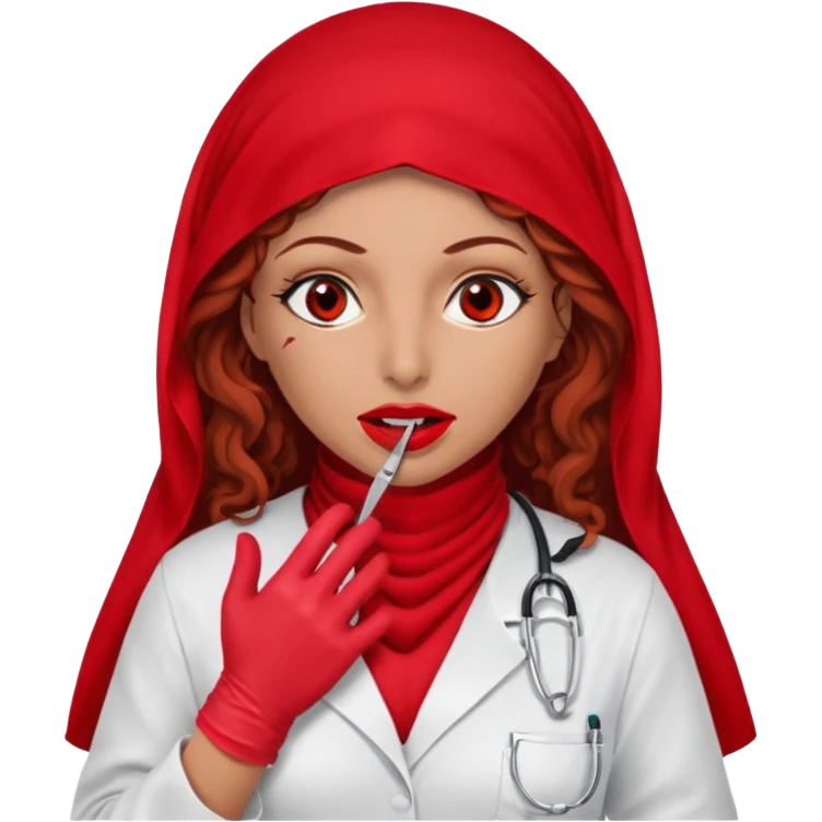 Lilith scalpel in hand, evil surgeon sexy surgeon clothes.  She has red eyes. She brown long curly hair. Wears sexy doctor outfit with red gloves. Covers mouth neck and nose with red burka to hide her identity emoji