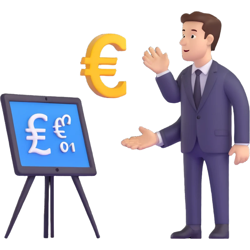 business analyst studying price data with euro symbol € on screen emoji