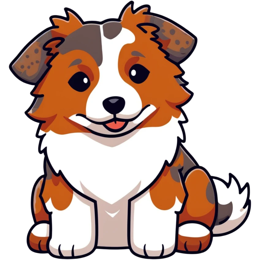 Red merle Australian Shepherd dog laying down, reddish-brown and white spotted coat, fluffy fur emoji