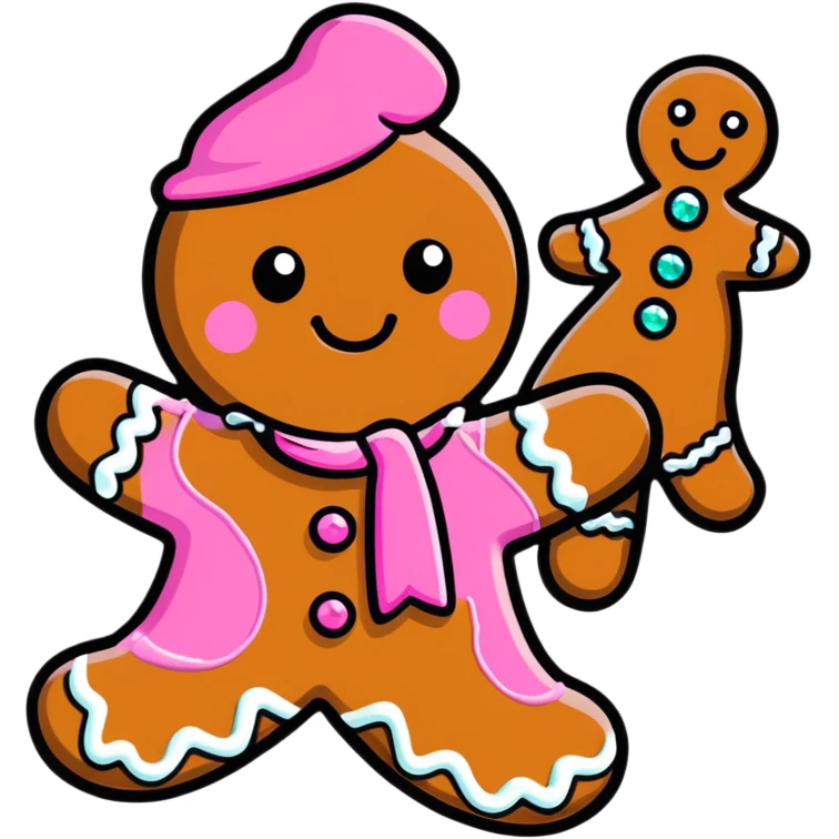 3D rendering Gingerbread man, pink icing, realistic 3d diamonds and pearls with iridescent hue emoji