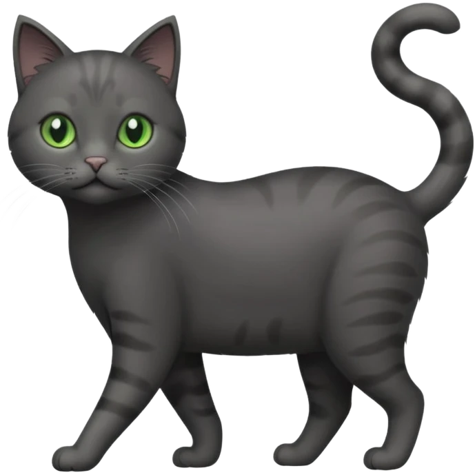 full body solid dark grey cat with green eyes, white paws and white whiskers walking emoji