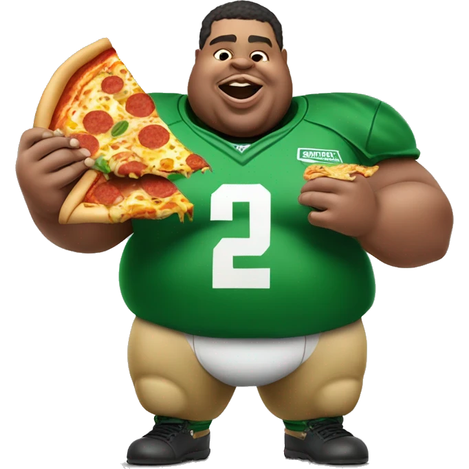 Fat pigman wearing a green Marshall football jersey eating globs of cheesy pizza  emoji