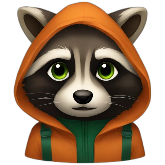 brown raccoon with orange eyes and a dark green hood that is sad emoji