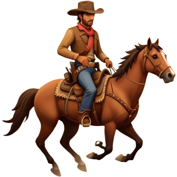 An icon representing an adventure game, inspired by Red Dead Redemption II. The design features a rugged cowboy riding a galloping horse across an open prairie, with towering mesas, cacti, and a golden sunset in the background. The atmosphere conveys freedom, action, and the thrill of the untamed frontier. Transparent background. emoji