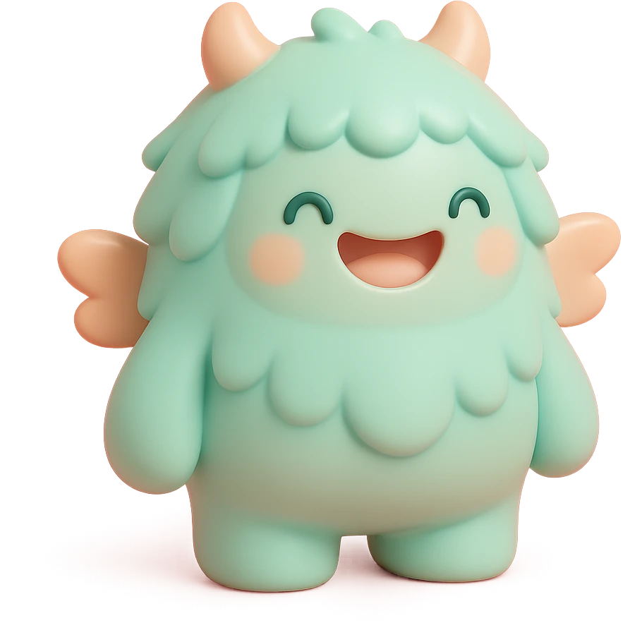 adorable monster with fluffy fur, tiny wings, happy expression, soft color palette emoji