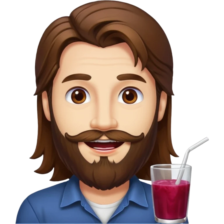bust man long brown hair brown eyes medium beard white skin with berry juice stained lips grin emoji