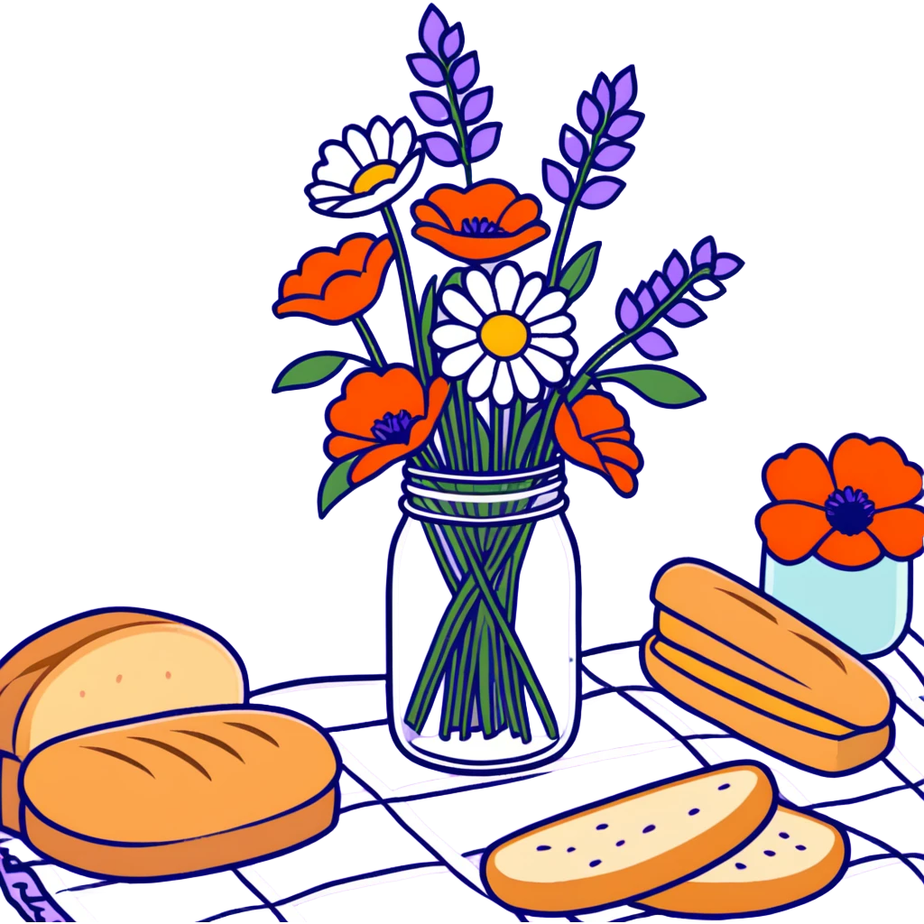 wildflower bouquet with daisies, poppies and lavender arranged in a mason jar on a picnic blanket with bread and fruit emoji
