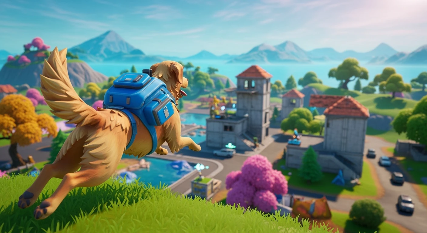 Cinematic still of a dog in fortnite game world emoji