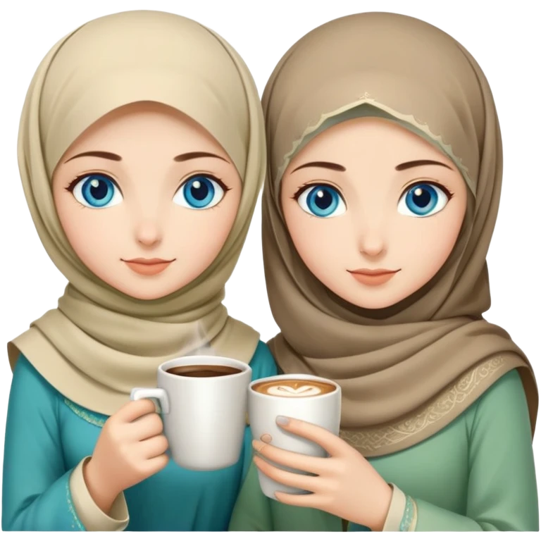 Turkish beautiful finish Konya two girls blue eyes with beige and light green hijab islamic dress and had on her hand hot coffee   emoji