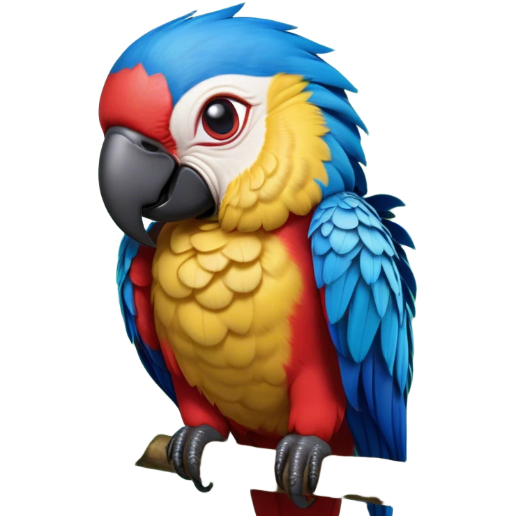 Cinematic Realistic Cute Macaw Portrait Emoji, Head tilted playfully and inquisitively, featuring a compact, lively build with intricately detailed, vivid scarlet and blue feathers and a charming, expressive face with round, sparkling eyes full of tropical wonder, rendered with realistic texture and vibrant natural hues, high shine, affectionate and spirited, styled with a touch of whimsical rainforest charm, soft glowing outline, capturing the essence of a mischievous yet lovable macaw that seems poised to flutter playfully into your arms! emoji