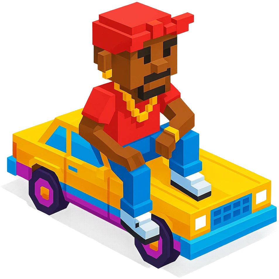 rapper inspired by 2Pac, sitting on a lowrider car, bandana and hip-hop clothing, isometric view emoji