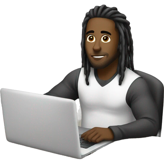 Black-guy-with-dreads-wearing-black-trackstuit-sitting-down-on-chair facing-foward-focused-on-laptop-computer- emoji