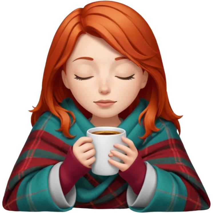 Red hair-haired white girl inside a blanket sipping coffee eyes closed emoji