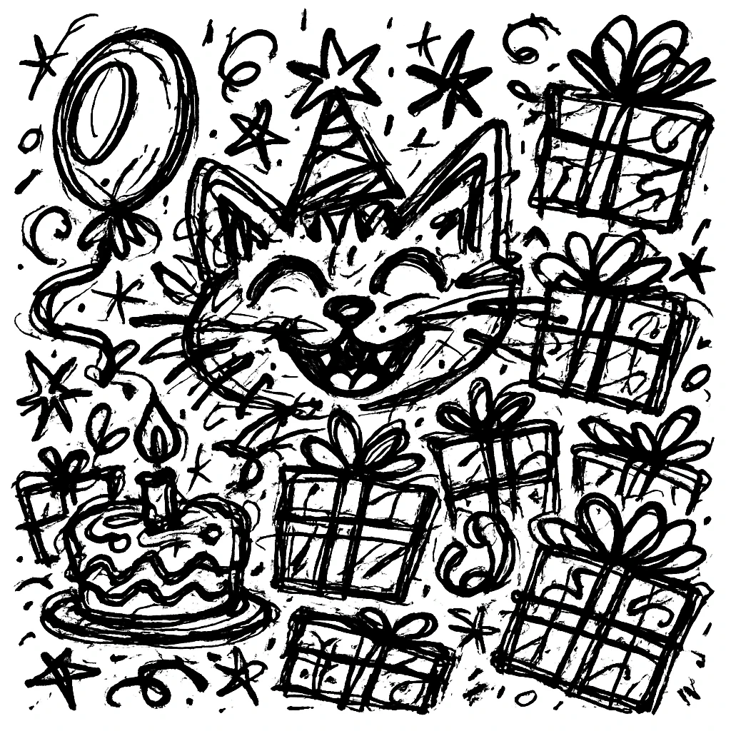 Add more gifts around the kitten, keeping the chaotic outlined style and all original elements intact emoji