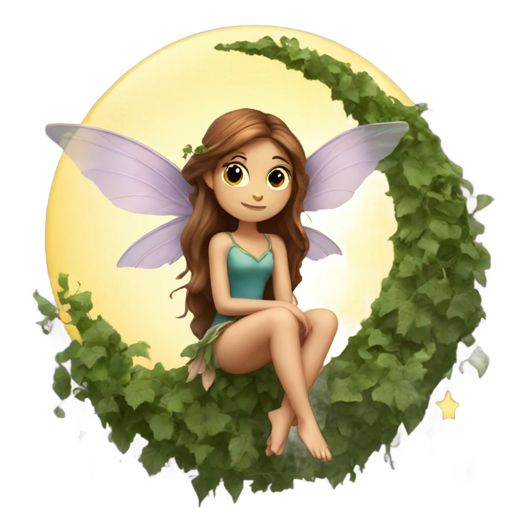 Female fairy, wings, long brown hair, sitting on crescent moon, vines emoji