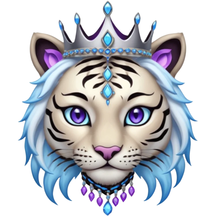 ESO Female white/black tiger khajiit leader of the umbral rose, glowing blue eyes, glowing blue 'third eye' gem, black beaded dreadlocks; silver crown/tiara with purple gems emoji