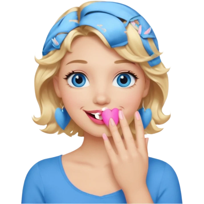 Girl Blonde short wavy hair,  blue eyes, cute blue top, long lashes, pink lips, smiling, hand covering the mouth emoji